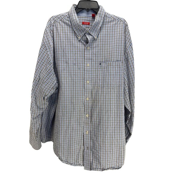 Izod Mens Button-Down Shirt 3XL Blue Brown Checkered Cotton - Picture 1 of 10